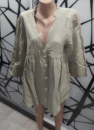 Свободная блуза zara оливкового цвета хлопок со льном 44-482 фото