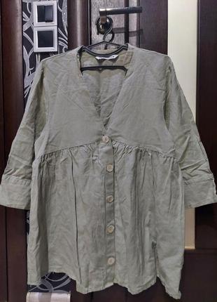 Свободная блуза zara оливкового цвета хлопок со льном 44-4810 фото