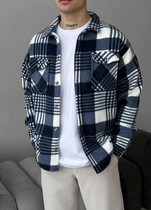 Мужская теплая оверсайз рубашка полар в сине-белом цвете качественного материала, стильная и удобная рубашка на каждый день