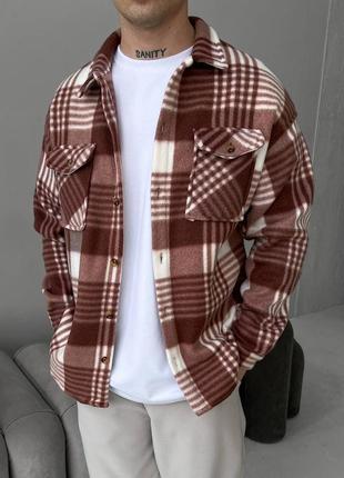 Мужская теплая оверсайз рубашка полар в коричнево-белом цвете качественного материала, стильная и удобная рубашка на каждый день