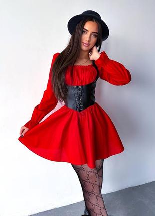 Женское красное стильное качественное платье с черным корсетом4 фото