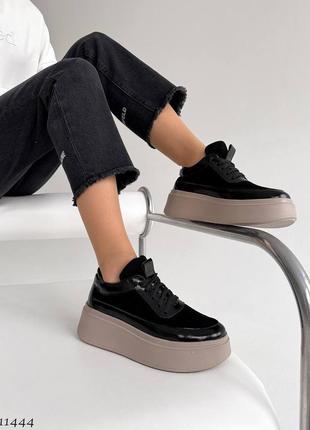 Шкіряні лакові з замшею чорні кеди з натуральної шкіри та замші