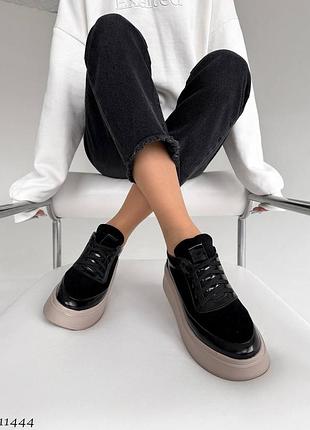 Шкіряні лакові з замшею чорні кеди з натуральної шкіри та замші