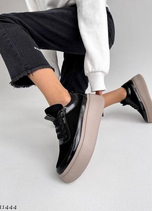 Шкіряні лакові з замшею чорні кеди з натуральної шкіри та замші