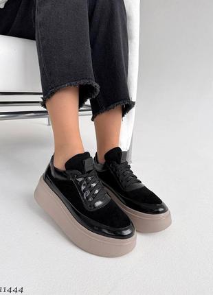 Шкіряні лакові з замшею чорні кеди з натуральної шкіри та замші