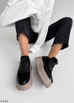 Шкіряні лакові з замшею чорні кеди з натуральної шкіри та замші