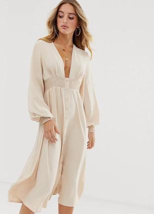 Плаття міді з довгими рукавами на ґудзиках і призбореною талією asos design