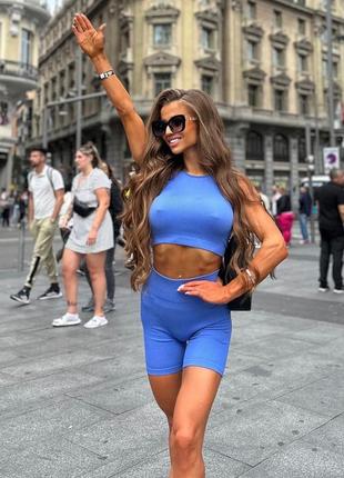 Комплект рубчик синій електрик топ майка шорти пуш ап