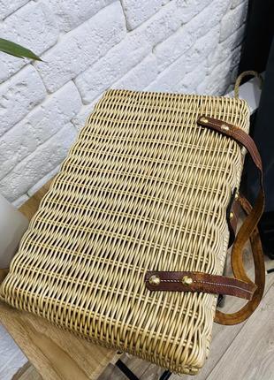Плетёный саквояж с кожаными ремешками, плетёная сумка5 фото