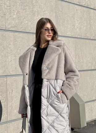 Оригинальное женское комбинированное пальто шубка зимнее4 фото