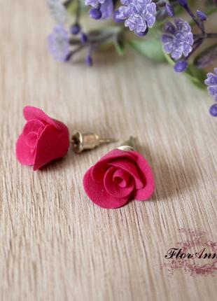 Серьги гвоздики с цветами "розы цвета фуксия"2 фото