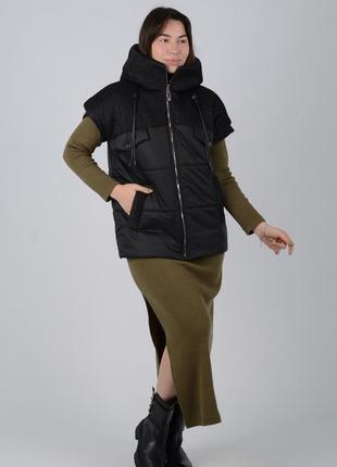 Чорна жіноча куртка жилетка трансформер з відстібними рукавами, весна осінь3 фото