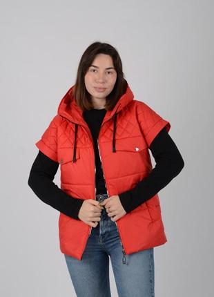 Женская стеганая красная куртка жилетка трансформер с отстежными рукавами, весна осень5 фото