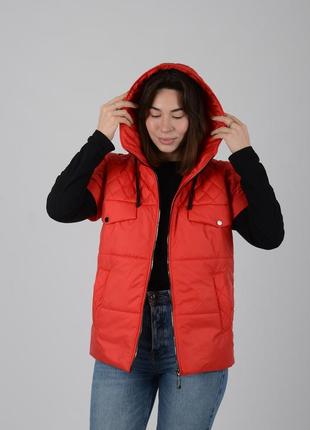 Женская стеганая красная куртка жилетка трансформер с отстежными рукавами, весна осень4 фото