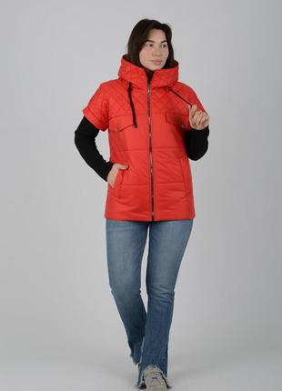 Женская стеганая красная куртка жилетка трансформер с отстежными рукавами, весна осень2 фото