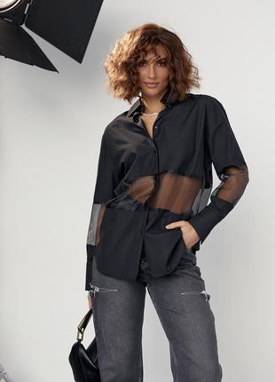 Рубашка удлиненная женская черная с прозрачными вставками9 фото