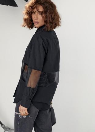 Рубашка удлиненная женская черная с прозрачными вставками2 фото