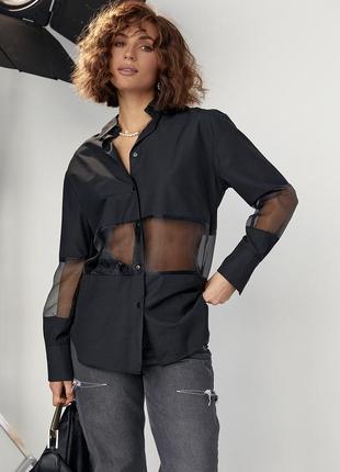Рубашка удлиненная женская черная с прозрачными вставками7 фото
