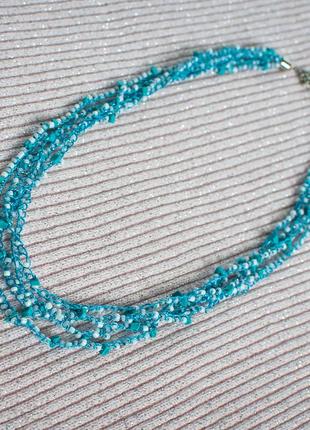 Ожерелье бирюз вязан ручн работы бисер голуб колье чокер на шею нить украшения