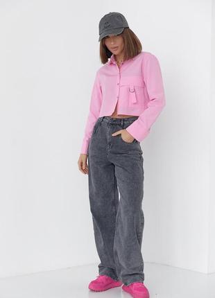 Рубашка женская укороченная с накладным карманом розовая6 фото