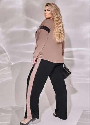 Костюм жіночий брючний прогулянковий двонитка кофта зі стразами та широкі штани великих розмірів 48-583 фото