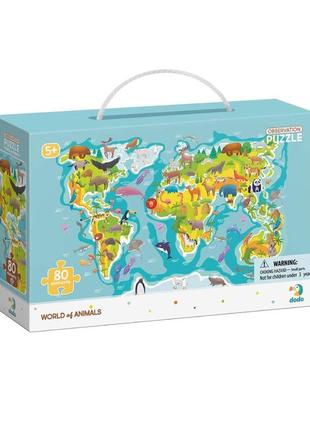 Пазл обсервационный картонный детский dodo "карта мира животные" 80 деталей2 фото