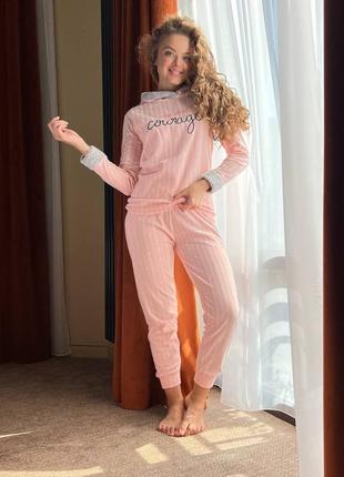 Піжама жіноча тепла махра+фліс кофта з капюшоном + штани