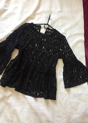 Топ чёрный кружевной, рукава рюши клёш, кружево, гипюр, zebra