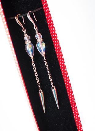 Ніжні сережки цепочк краплі довгі сваровскі серебр підвіски прозорими ручн hand