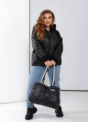 Куртка та сумка жіноча демісезонна стьобана зі вставками з вельвету та сумка в комплекті 50-52, 54-56, 58-60