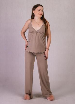 Комплект женский топ и штаны для беременных и кормящих мам хлопок бежевый 46-54р2 фото