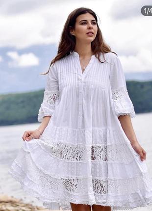 Шикарное платье можно для пляжа прошва выбитое вышитое кружево белое стильное
