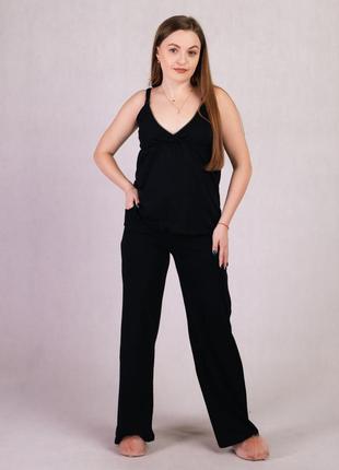 Пижама женская топ и штаны для беременных и кормящих мам хлопок черный 46-54р1 фото