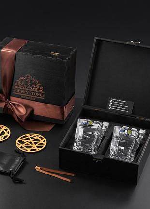 Набір в дерев'яній коробці для віскі 2 склянки підставки та камені для охолодження