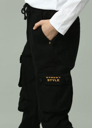 Детские брюки карго для мальчика подростка коттоновые черные с карманами коттон2 фото
