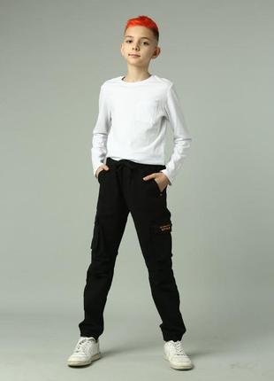 Детские брюки карго для мальчика подростка коттоновые черные с карманами коттон3 фото