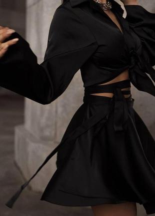 6 кольорів! шовковий костюм двійка зі спідницею на запах, міні, укорочений топ на зав’язках, широка спідниця, комплект