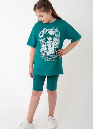 Літній комплект для дівчат,літній комплект треси і футболка оверсайз, футболка аніме та треси, летний комплект подпостковый8 фото