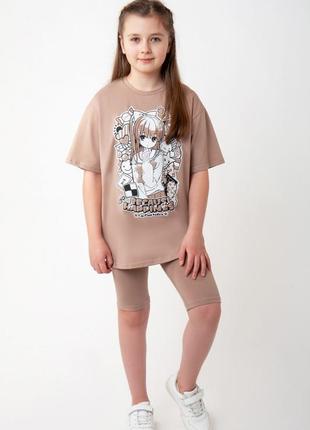 Літній комплект для дівчат,літній комплект треси і футболка оверсайз, футболка аніме та треси, летний комплект подпостковый4 фото