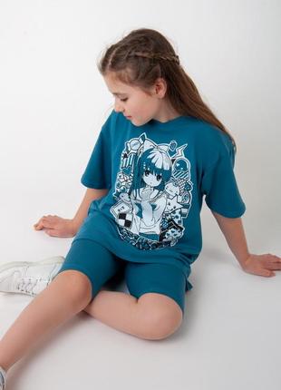 Літній комплект для дівчат,літній комплект треси і футболка оверсайз, футболка аніме та треси, летний комплект подпостковый5 фото