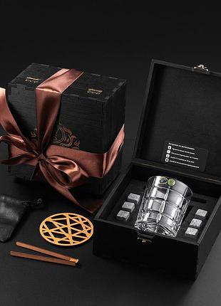 Подарунковий набір в коробці з дерева для віскі 1 склянка підставка та камені для охолодження