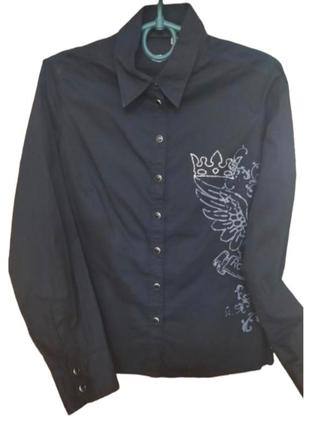 Чорна рубашка женская , со стразами, супер качество, на кнопках, размер с, м3 фото