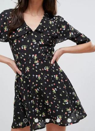 Платье мини в цветочный принт кейп летнее лёгкое с воланами рюшами