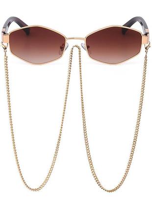 Солнцезащитные очки женские шестигранные c цепочкой glory коричневые с золотом3 фото