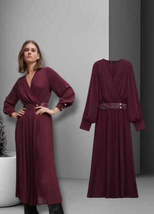 Новое бордовое платье zara, платье zara, платье миди, длинное платье, платье плиссе