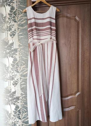 Льняное длинное платье max mara weekend в полоску лен хлопок с поясом4 фото