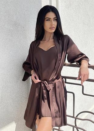 Жіночий шовковий комплект халат і сорочка для дому l-xl шоколад
