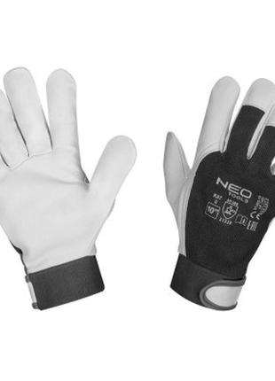 Захисні рукавиці neo tools коза шкіра, фіксація зап'ястя, р.10, чорно-білий (97-655-10)