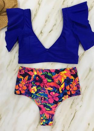 Купальник топом рюши.раздельный купальник высокая посадка завишенная талия