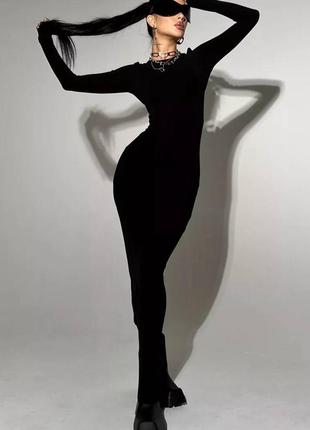 Жіноча чорна базова облягаюча стильна якісна довга сукня з віскози з довгим рукавом6 фото